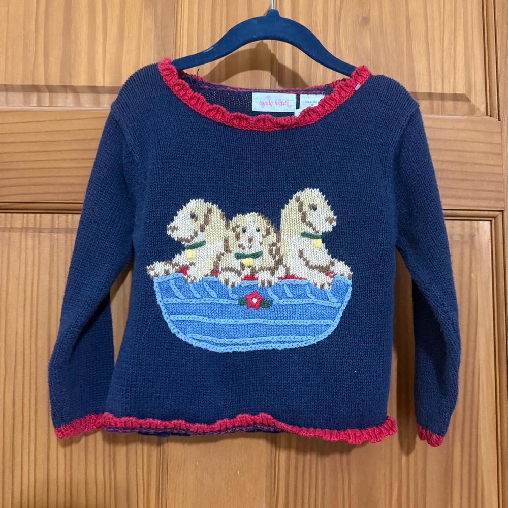 Girls Navy Knit Sweater with Puppy Bowl Red Ruffle